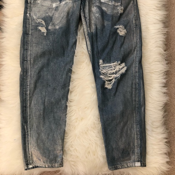 TopShop Moto Distressed Silver Sheen Cropped Ripped Button Up Jeans Sz - Picture 2 of 9